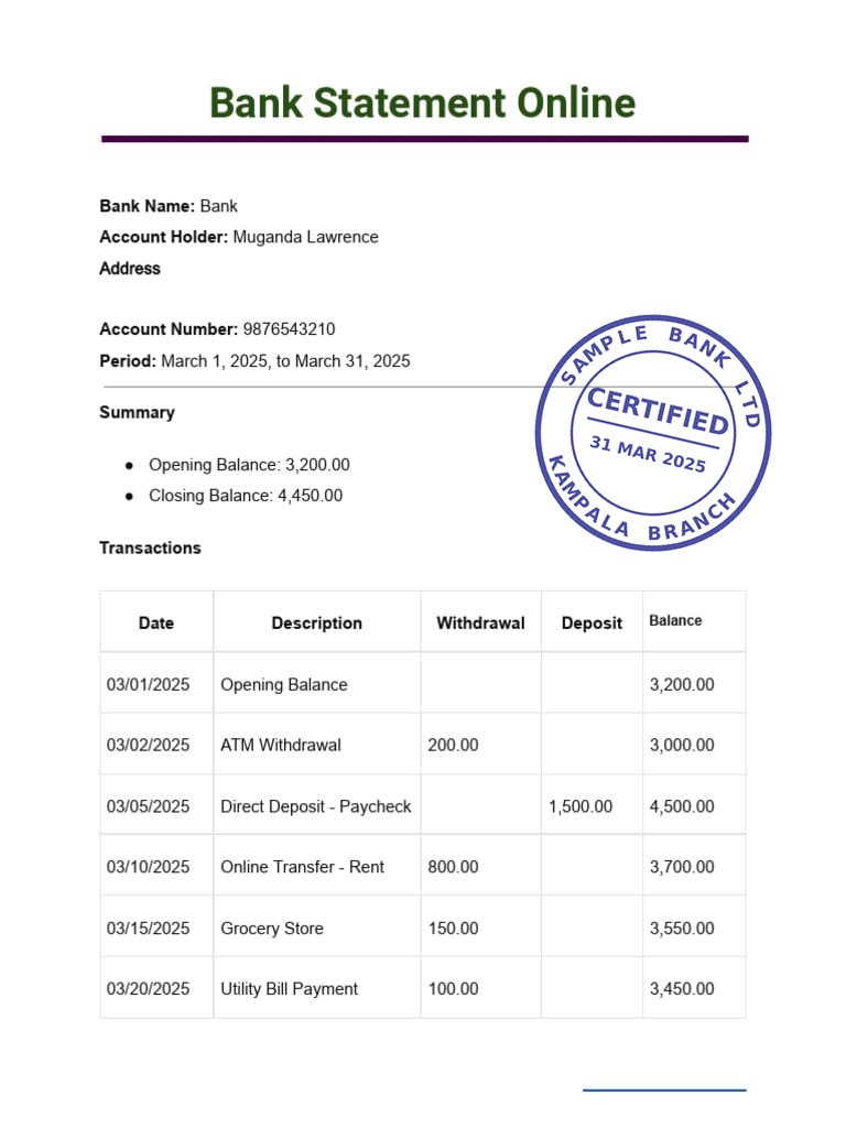 Sample bank statement showing the bank name, account holder, account number and a bank stamp