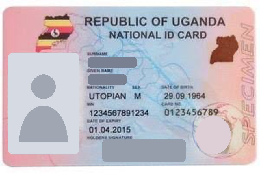 Specimen Uganda National ID card with the names, photo and signature hidden